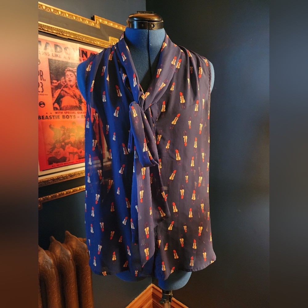 Navy Sleeveless Blouse with Red Print